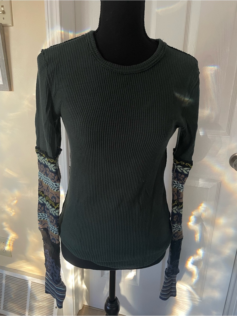 Free People Waffle Knit Long Sleeve Top with Patterned swea Sleeve Panels